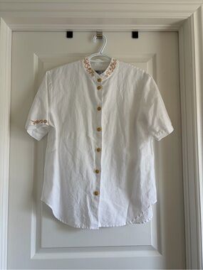 Russ White Button-Up Top with Gold Embroidery
